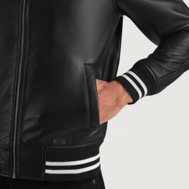 Mens Walton Black Leather Varsity Jacket Close-Up-9-1704116539710